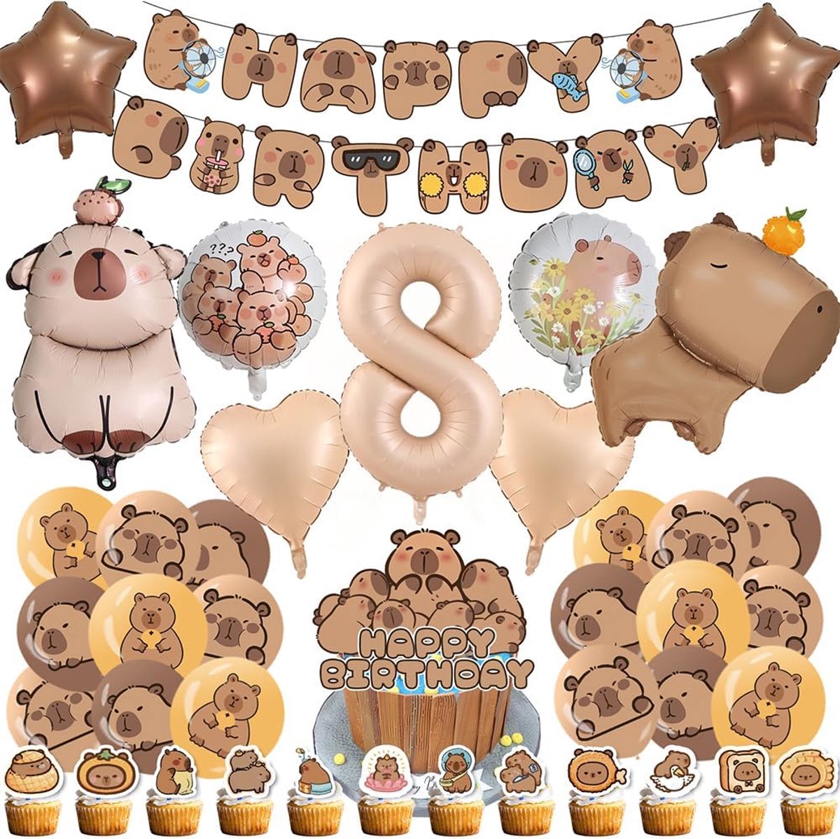 Capybara Verjaardagsfeestdecoratieset - inclusief Happy Birthday-banner, taarttopper, 4 heliumballonnen, 18 - ShopVlot