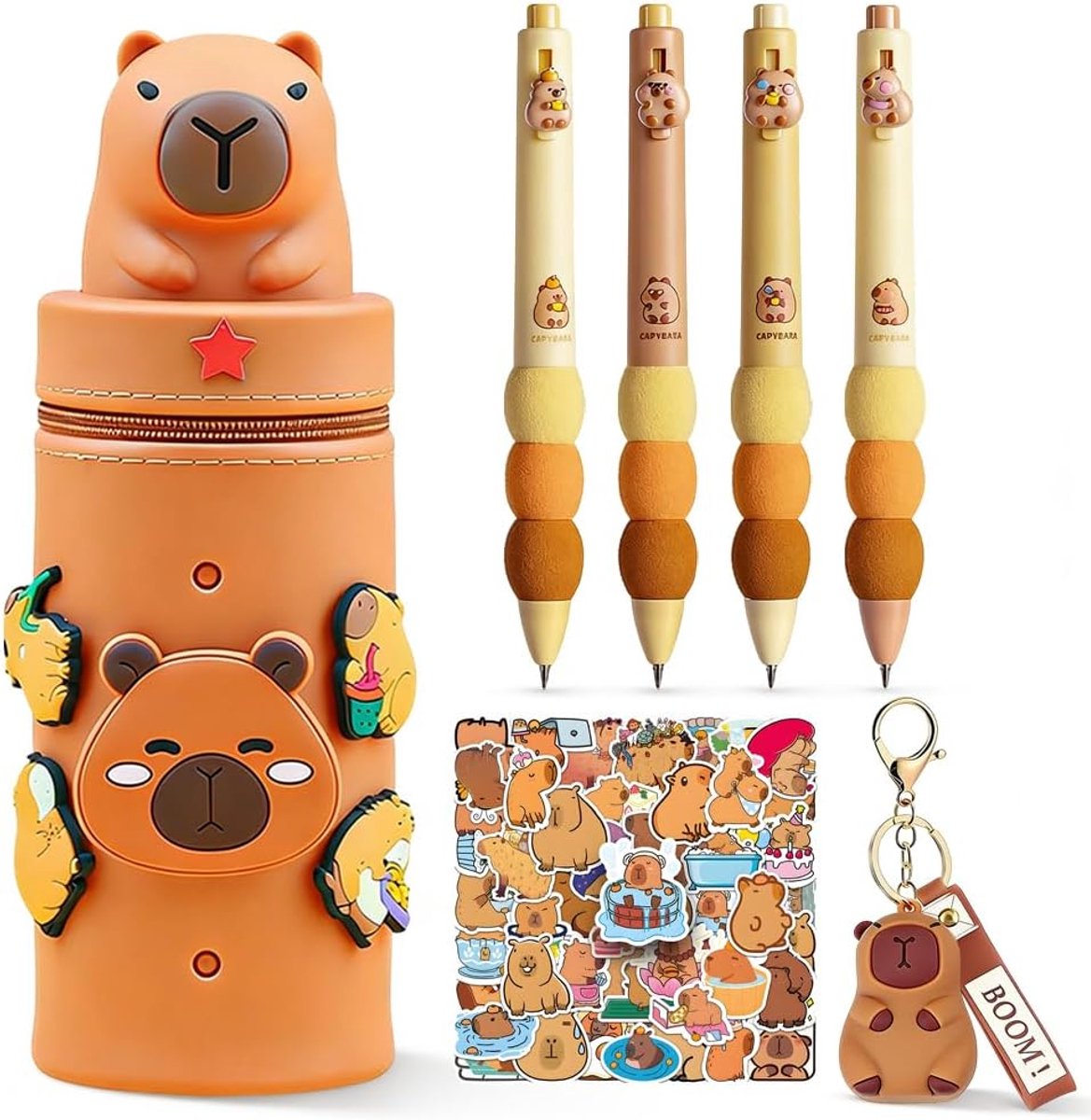 Capybara Pennenetui, 6 printkleuren, sleutelhanger van pvc, 2-in-1 pennenetui van zachte siliconen, Kawaii voor - ShopVlot