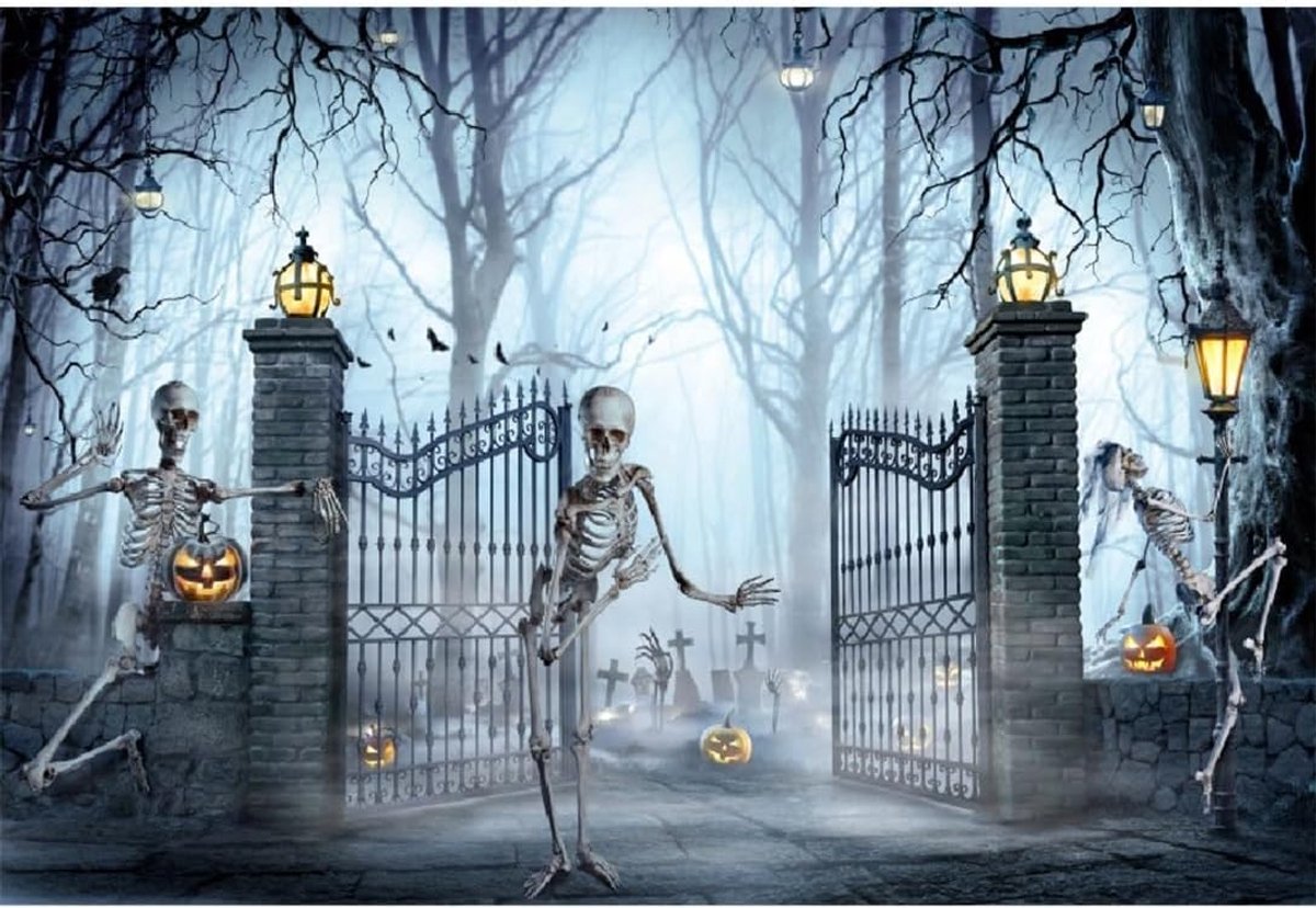 20x10ft Halloween Achtergrond Misty Bos Begraafplaats IJzeren Poort Fotografie Achtergrond Enge Pompoen Lantaarn Boom - ShopVlot