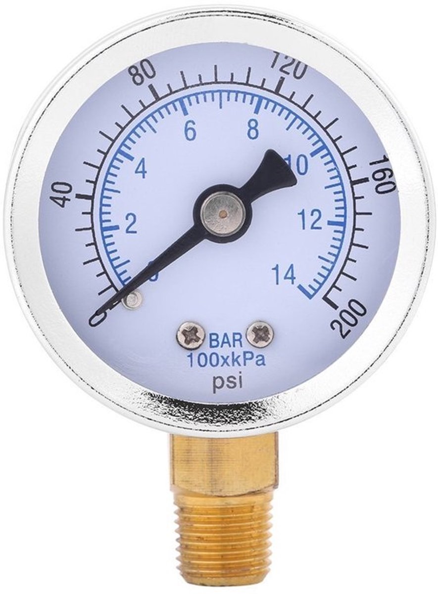Waterdrukmeter 0-200 PSI - Manometer - 1/8" NPT Aansluiting - Hydraulische Vloermontage - Compact Formaat - Duurzaam Metaal - Drukmeter
