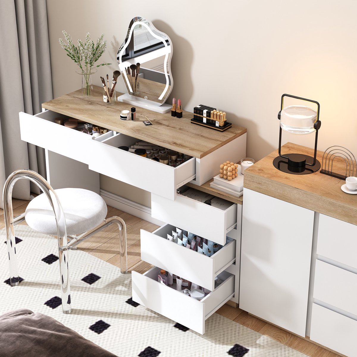 DESMIU Bureau Met 5 Lades 125 x 38,9 x 76 Cm Spaanplaat Wit Eikenlook Voor Slaapkamer En Kaptafel Met Veel Opbergruimte