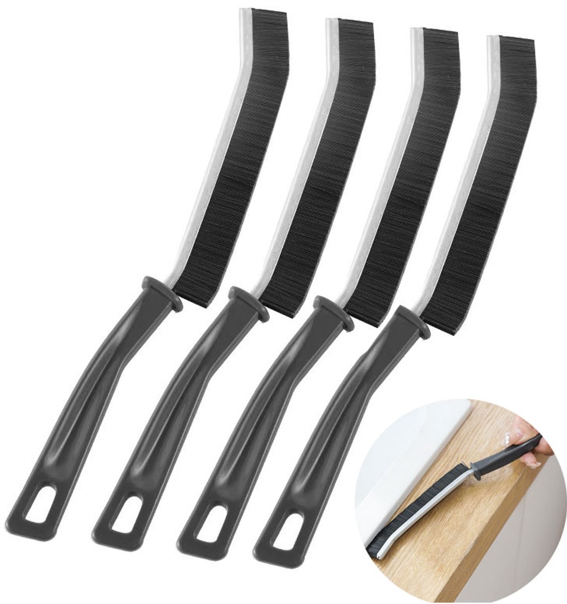 4-stuks Klein schoonmaakborsteltje - Voegenborstel - Reinigingsborstel - Schoonmaakborstel met Handvat – Was- en schoonmaakgereedschap - 24 × 2 cm - Geschikt voor het reinigen van kieren, hoeken en smalle ruimtes - Zwart