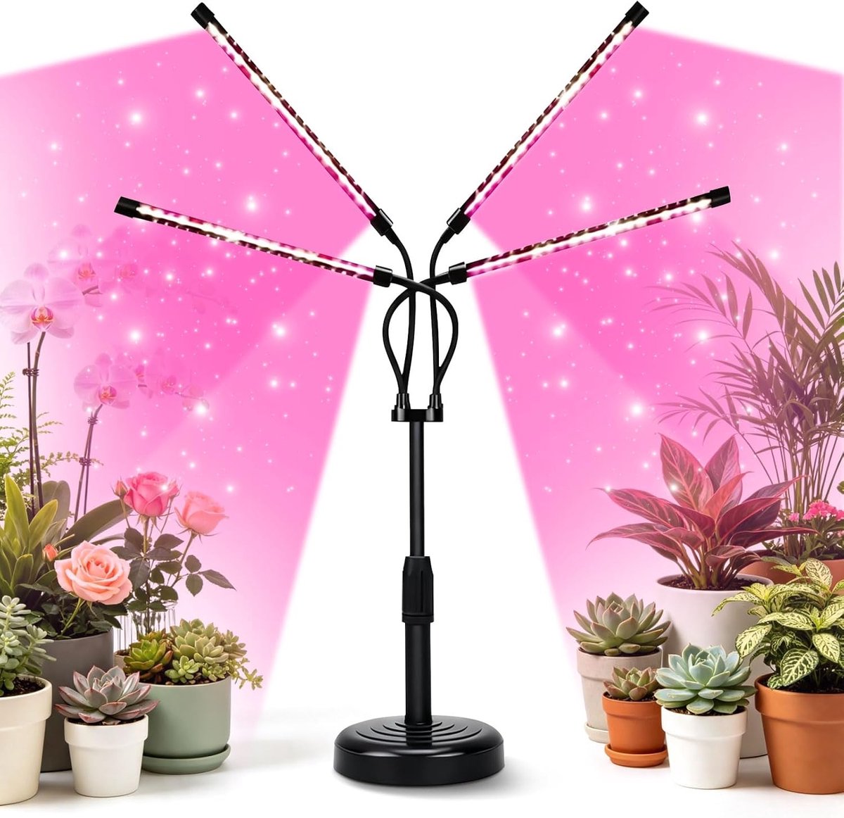 KZQ 4-armige LED plantenlamp met 360° draaibare zwanenhals - Vollspectrum met timer en 3 kleurmodi - 9 lichtsterktes voor binnentuinen en kamerplanten - Zwart
