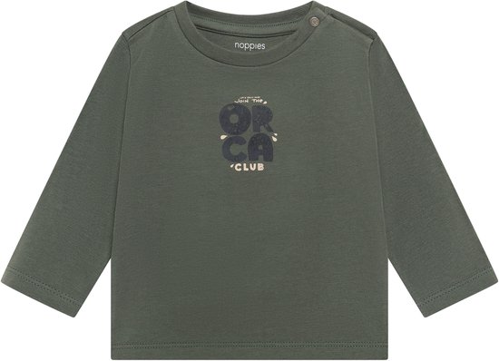 Donkergroen Noppies T-shirt met lange mouwen en 'JOIN THE ORCA CLUB' print op de borst.
