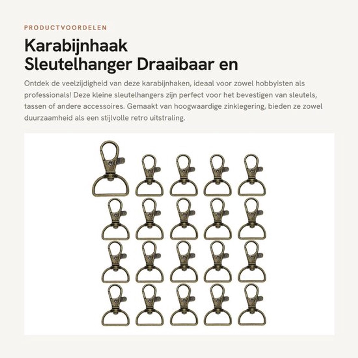 Karabijnhaak - 20 Stuks - Kleine Sleutelhanger - Draaibare D-ring - Draaisluitingen - Zinklegering - Brons