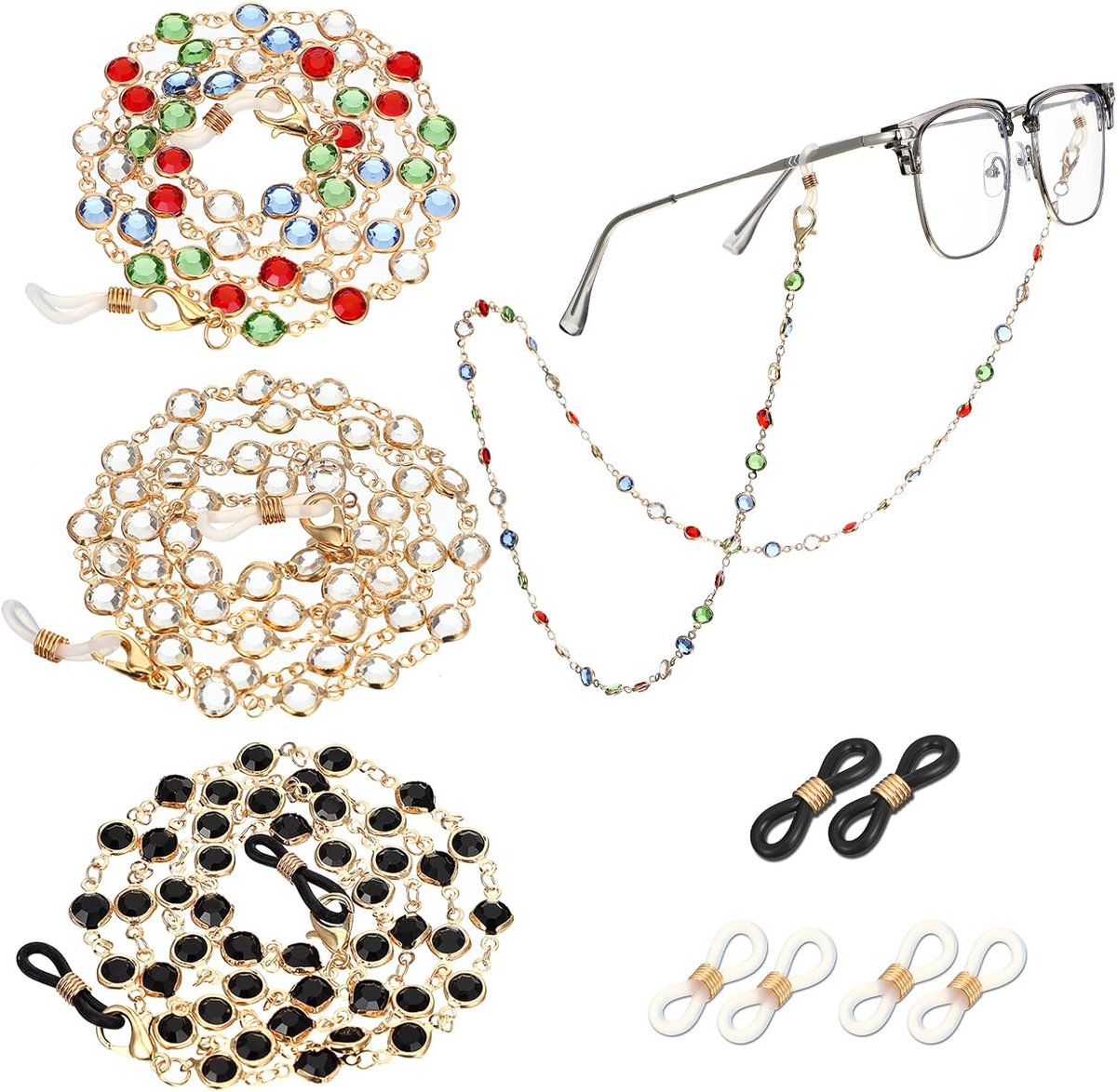 Zonnebrilketting 3PCS - kristallen kralen - gouden brillenhouder - praktisch voor dames en meisjes - ShopVlot