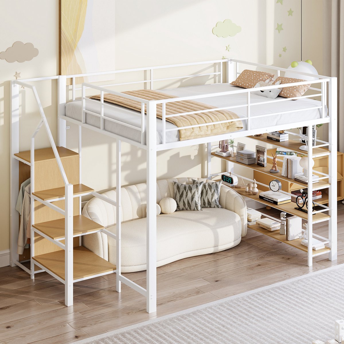 REDOM - Hoogslaper - Opbergruimte in trap - Met kleine kledingkast en planken - Moderne stijl - Slaapkamer - MDF en metaal - Wit - 255 x 145 x 170,5 cm