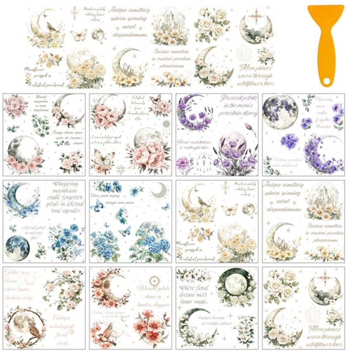 Transferstickers 12 Vellen - Fantasie/Thema Stickers - Maan/Bloemen Decoratie - Voor Thuis/Klaslokaal - 12 x 13 cm - Hout/Glas/Porselein - Decoratiestickers