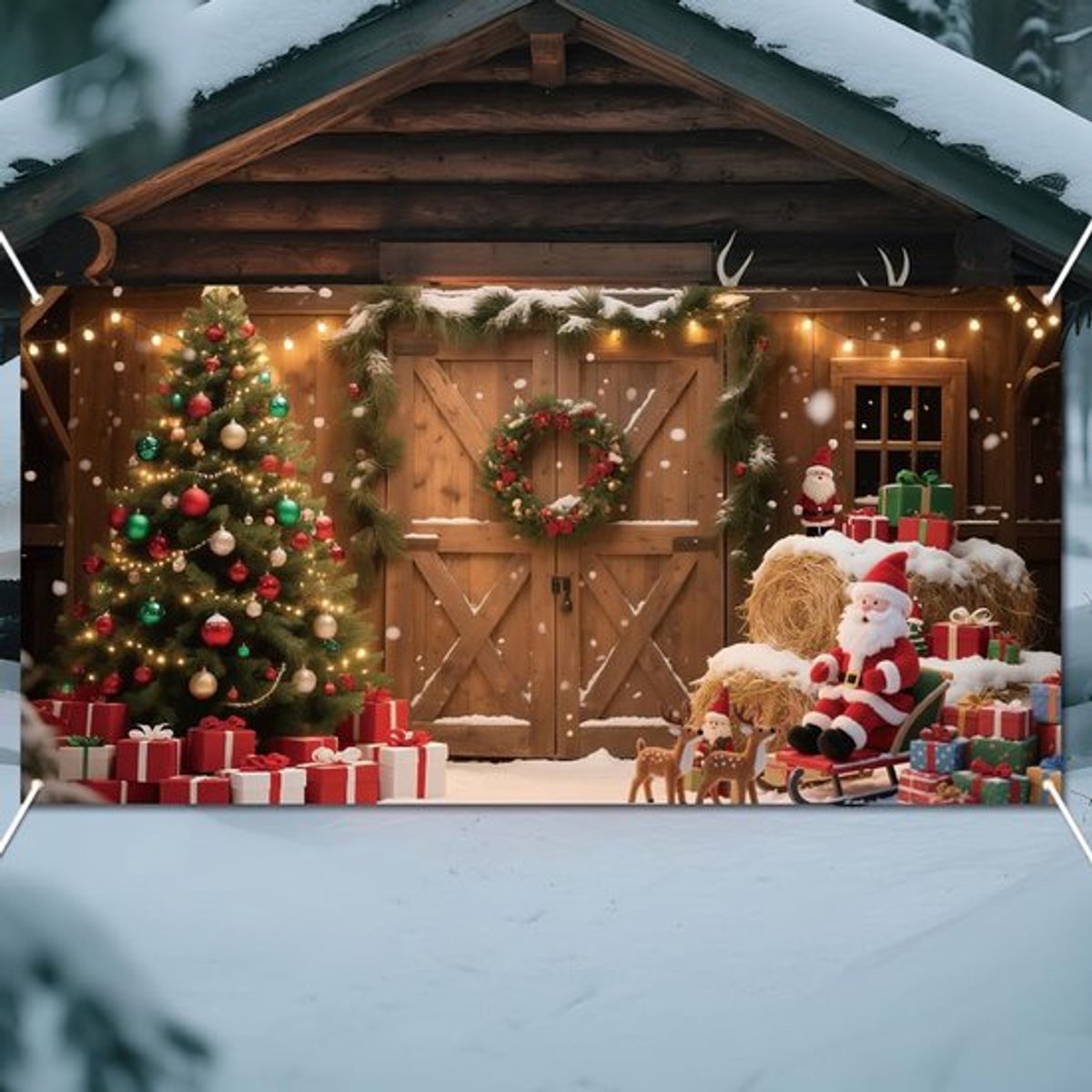 WADORN Rustieke Kerstschuur Achtergrond, 0,88 x 1,8 m Winter Kerstboom Sneeuw Houten Deur Fotografie Achtergrond Banner Winter Vakantie Familie Feest Decor Foto Rekwisieten Benodigdheden voor Xmas