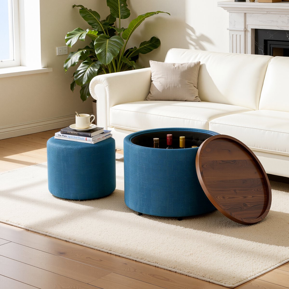 REDOM - Poef - 2-delige nesting set met opbergruimte - rond met afneembare houten tray - geschikt om op te zitten - linnen - Blauw - Ø58 x 38 cm