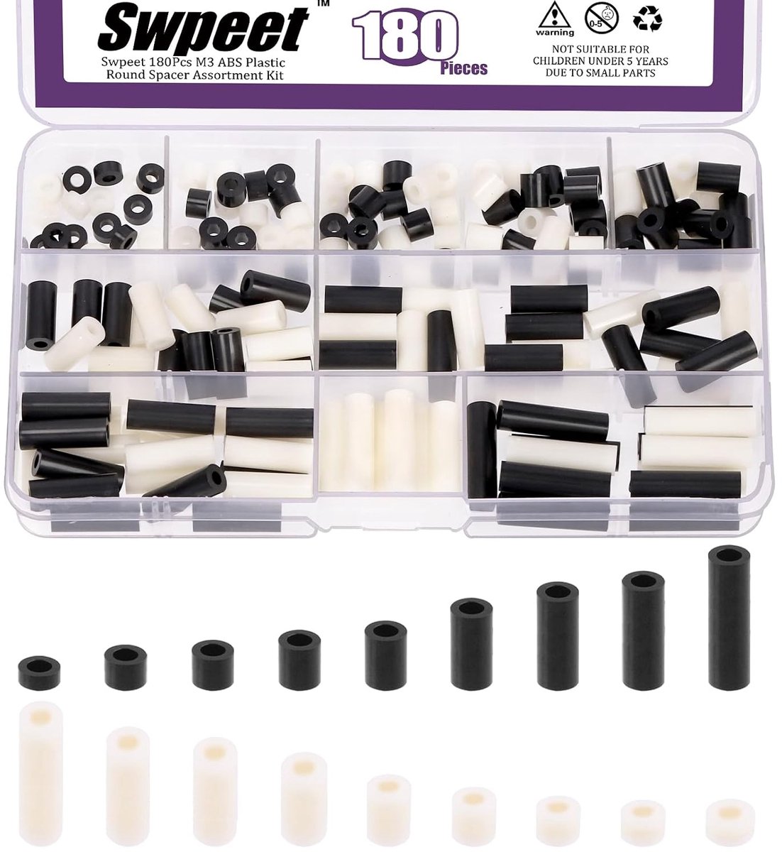 Rond spacers 180 stuks - nylon zwart/wit - 9 maten voor M3 schroeven - veelzijdige toepassing - ShopVlot