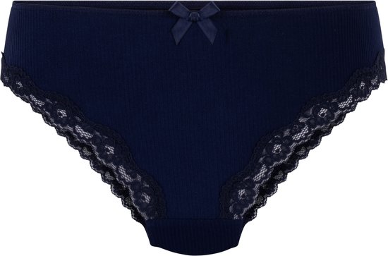 Culotte bleu marine en tissu côtelé avec un petit nœud et une bordure en dentelle.