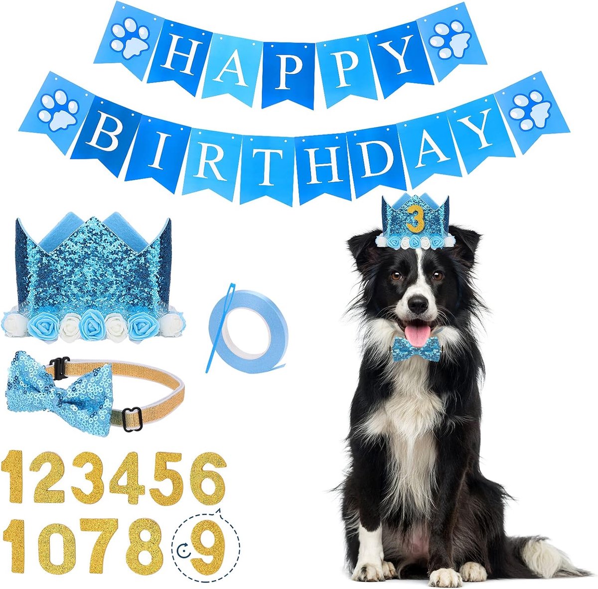 Hond verjaardagsfeest benodigdheden - verjaardagskroon, bling bling strik en banner - ShopVlot