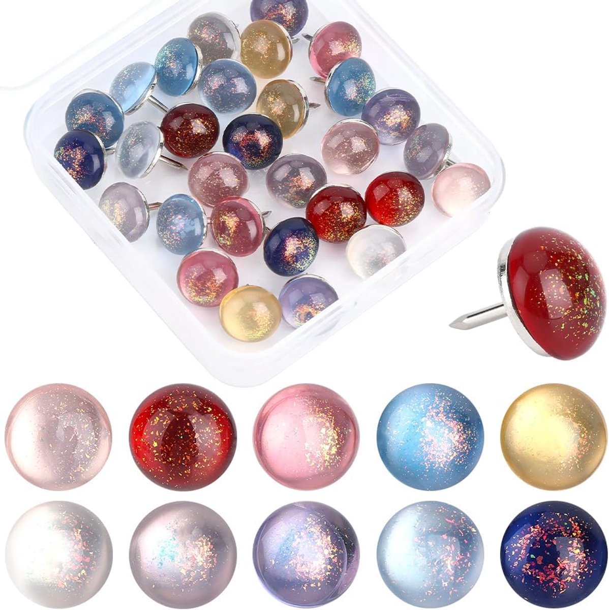 Decoratieve duimspijkers 30 stuks - 10 kleuren met goudfolie - half ronde spijkers - ideaal voor prikborden - ShopVlot
