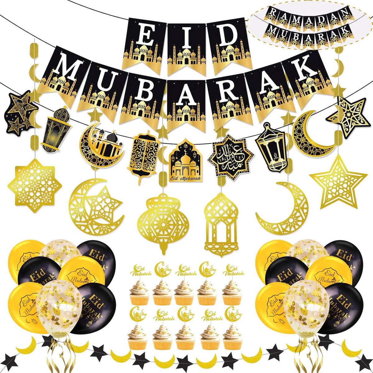 Eid Mubarak Ramadan Decoraties - Vooraf Geassembleerde Banners - 6 Stuks Ster Maan Lantaarn Slingers - ShopVlot