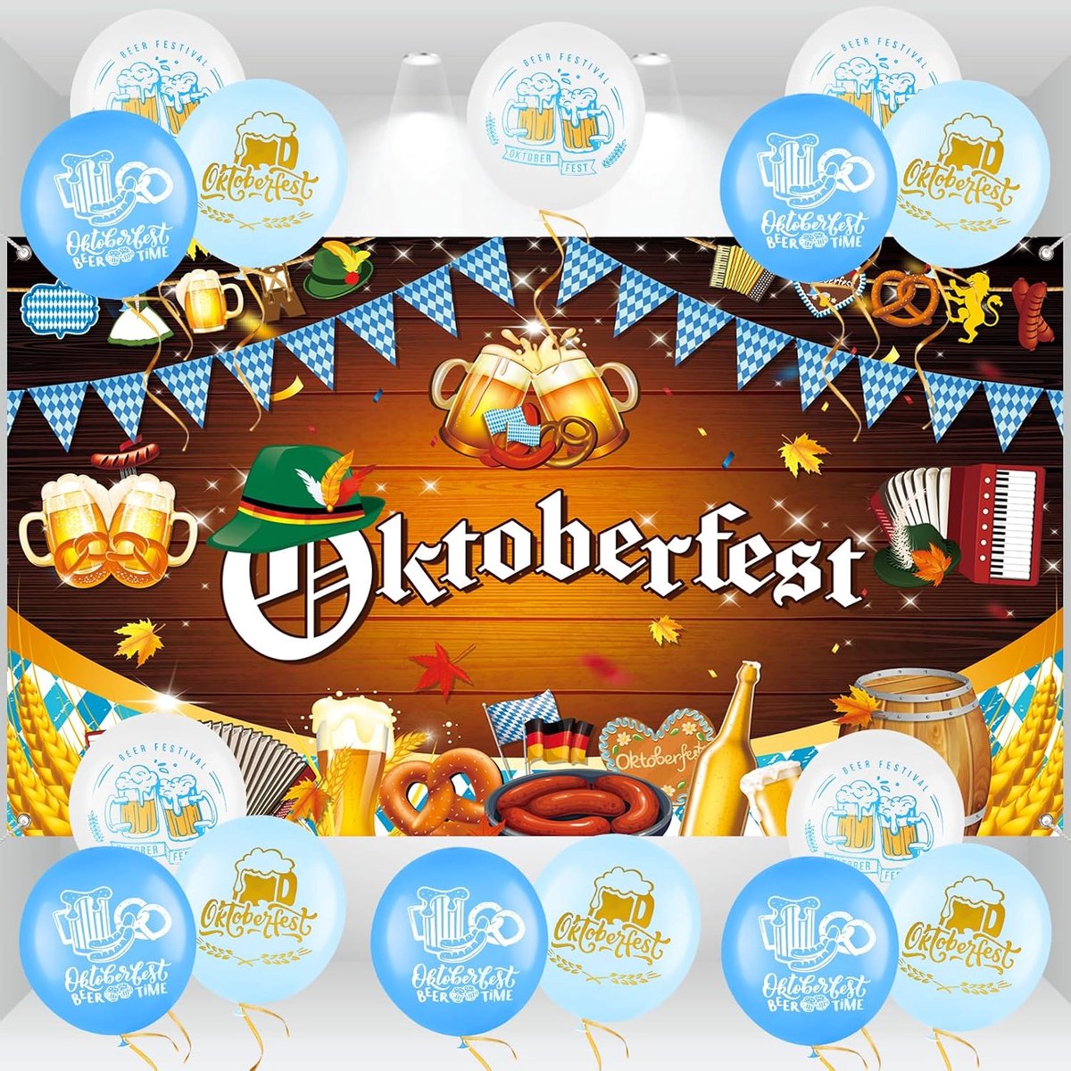 Oktoberfest banner set 180 x 110 cm - met 15 blauwe en witte ballonnen - perfecte decoratie voor feest - ShopVlot