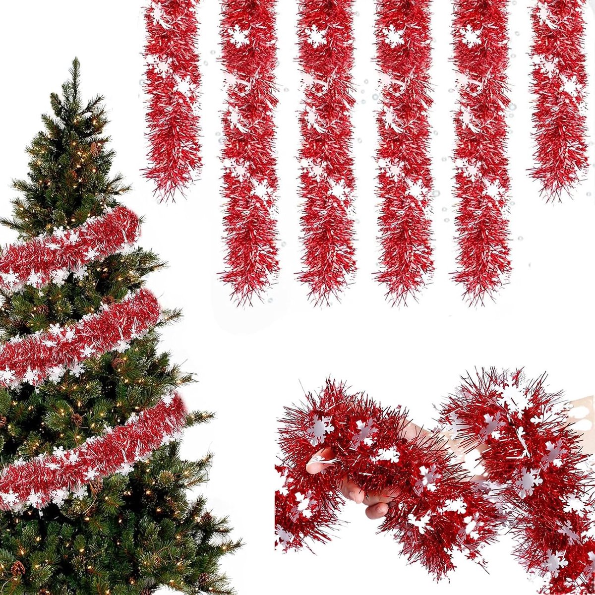 Kerstdversiering lametta slingers 12m - Fluffy kerstboom garland - Rode sneeuwvlokken - Creëer een feestelijke sfeer - ShopVlot