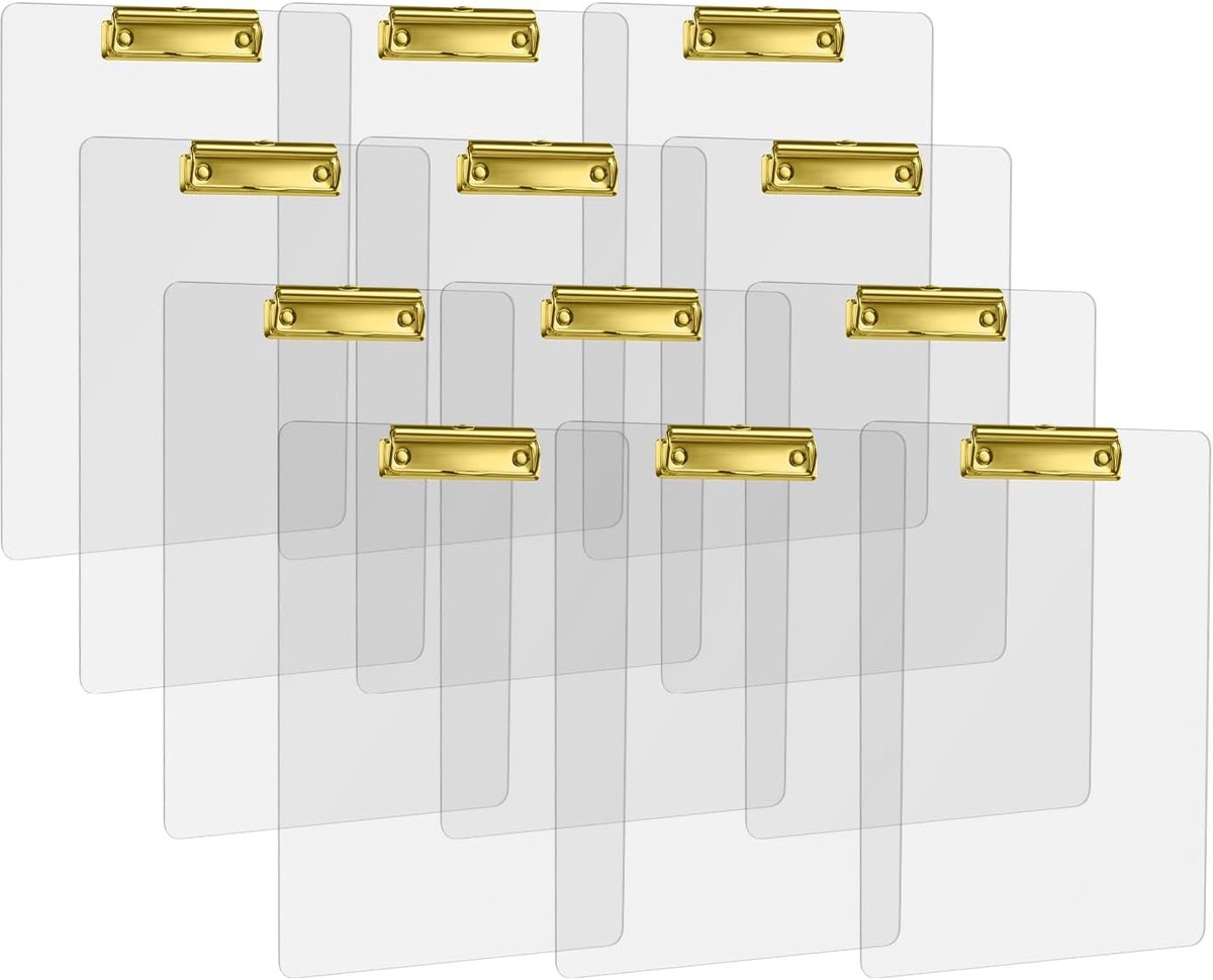 A4 schrijfmap met gouden metalen clip - acryl transparant - 12 stuks - ideaal voor kantoor en school - ShopVlot