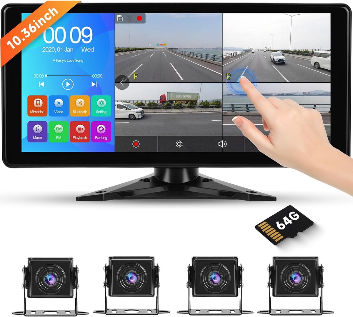 Achteruitrijcamera set 4 x 1080P - 10.36 inch HD monitor - IP69 waterdicht - ideaal voor vrachtwagens en campers - ShopVlot