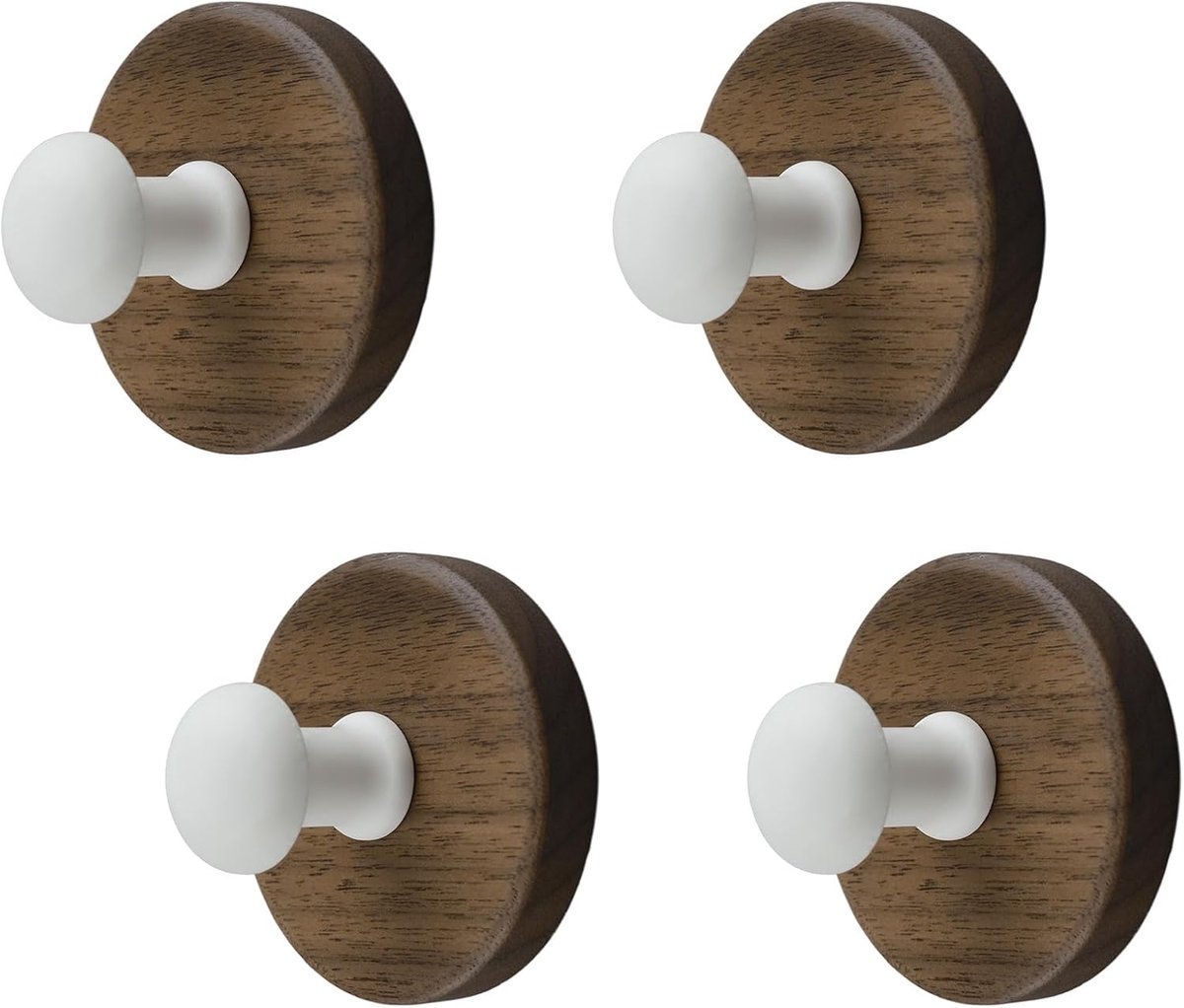 SnelShoppen - Morobor Houten Wandhaken 4pcs Walnoot Modern Decoratieve Kapstok Rustieke Stevige Enkele Organizer Entree Hangers voor Hoed Portemonnee