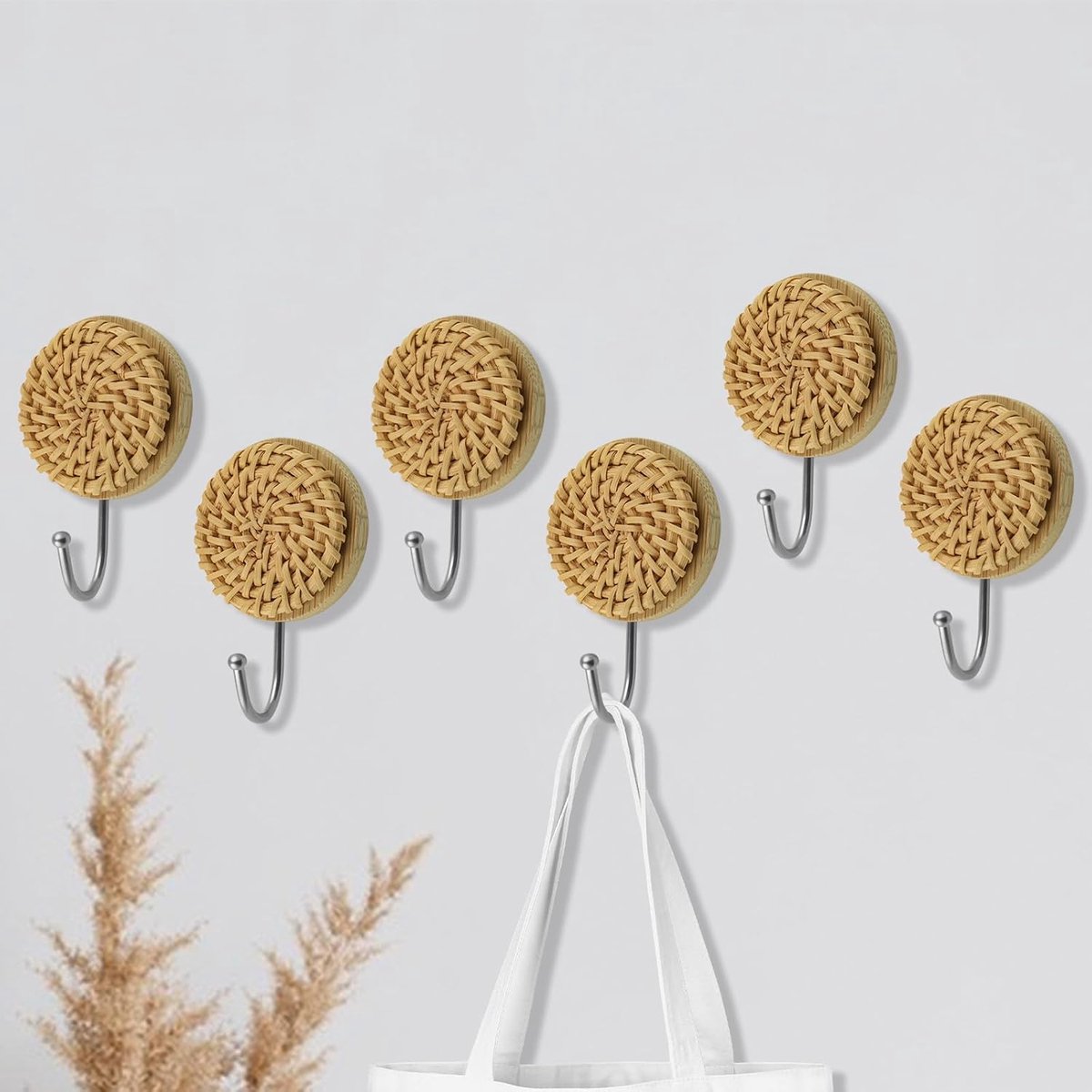 Houten wandhaak set 6 stuks - Rieten design - Decoratieve haak voor handdoeken en kleding - Ideaal voor elke ruimte - ShopVlot