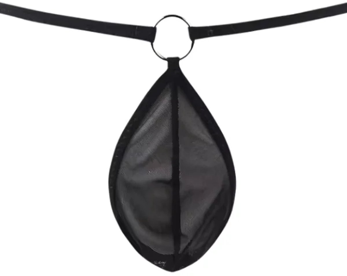 Zwarte Elegante String Herenondergoed Elastische Polyester met Ringdetails – Maat XS tot 4XL