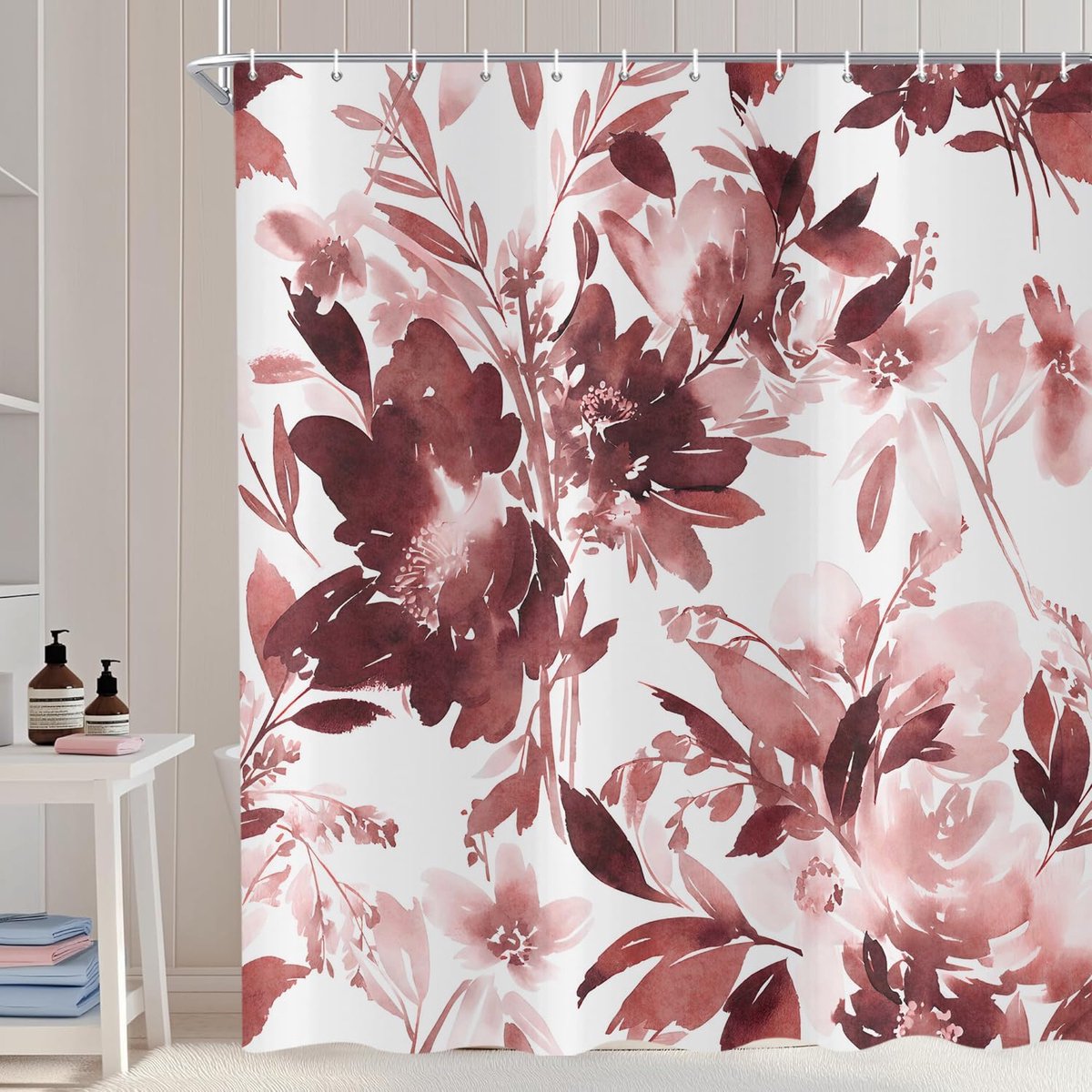 Douchegordijn 180x200cm - wijnrode bloemen - waterverf abstract - waterproof en wasbaar - ShopVlot