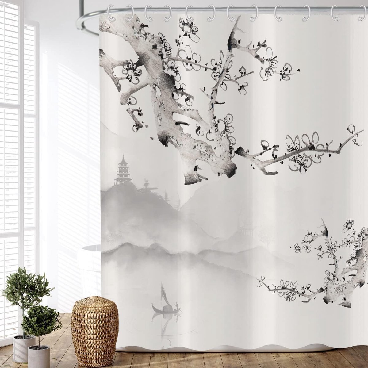 Douchegordijn 180x180cm - Grijs Plum Blossom - Waterdicht polyester - Voor een stijlvolle badkamer - ShopVlot