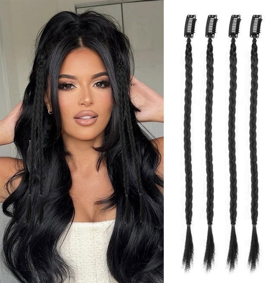 Vlecht Extensions Clip in - 4 Stuks Boksersvlecht - Natuurlijk Zwart - Perfect voor Festivals - ShopVlot