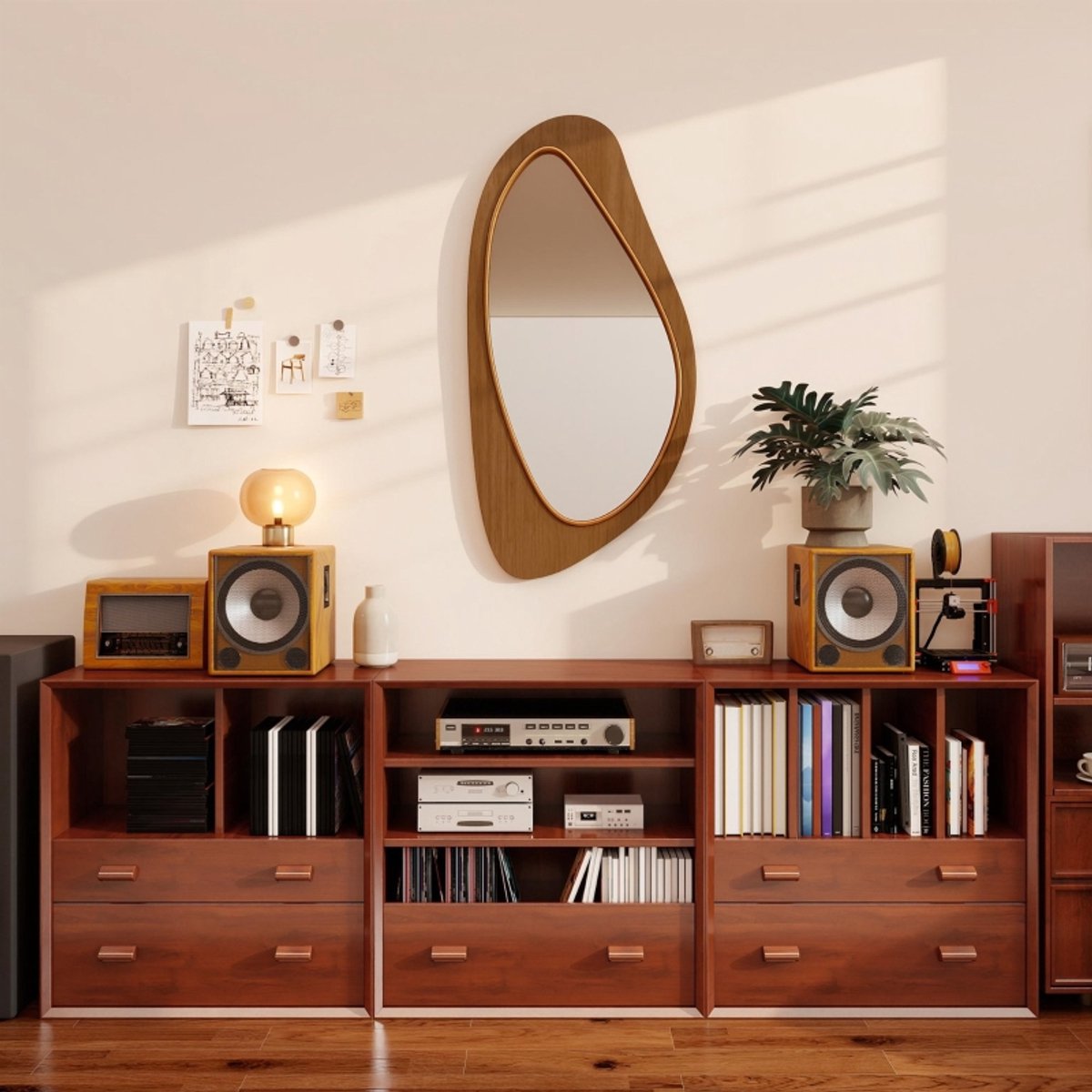 Wandspiegel Organische Vorm 91,5 x 45 x 3 cm Hout MDF Natuurlijk Hout Voor Woonkamer Slaapkamer Hal