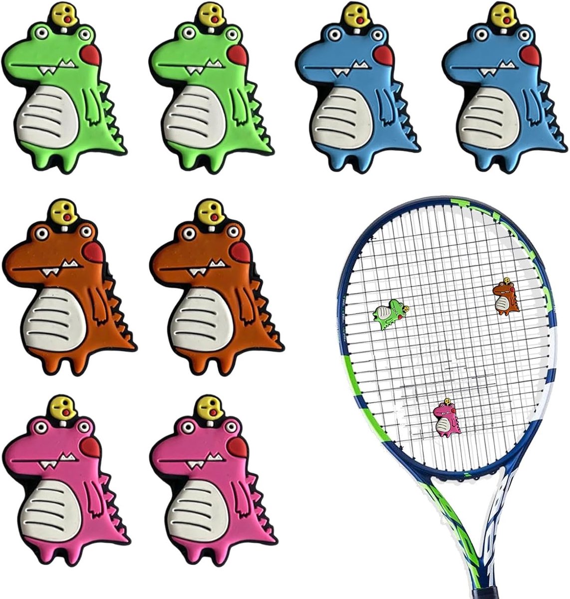 Tennisrackets anti-vibratie 8 stuks - dinosaurus-design - schokabsorberend - kleurrijke accessoires voor kinderen - ShopVlot