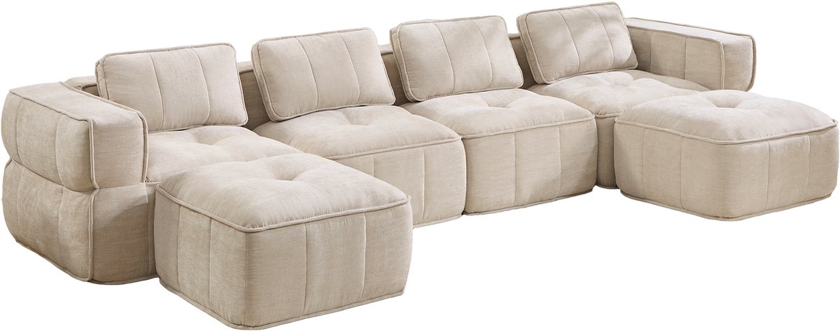 OKWISH U-bank 4 Zitplaatsen Modular Zonder Frame Met 2 Hockers 32D Schuim Zachte Polyester Stoffering Voor Woonkamer Beige