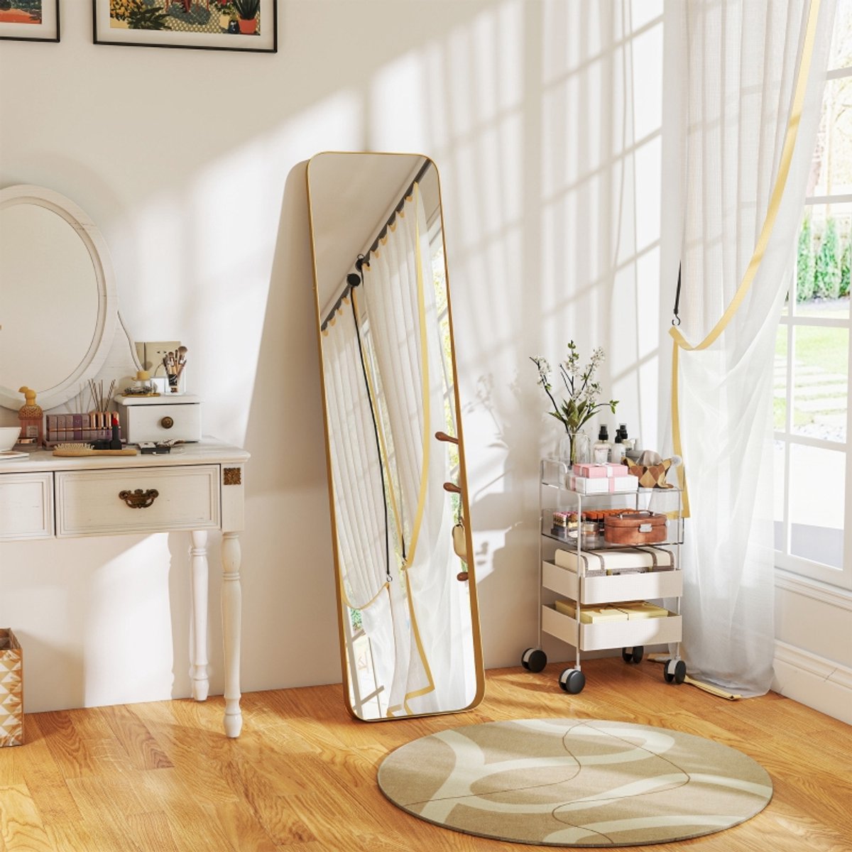 Spiegel Vrijstaand – 160 x 40 cm – Metaal, Glas En MDF – Goud – Vrijstaand Of Tegen de Wand – Rechthoekige Passpiegel Met Veilig Glas