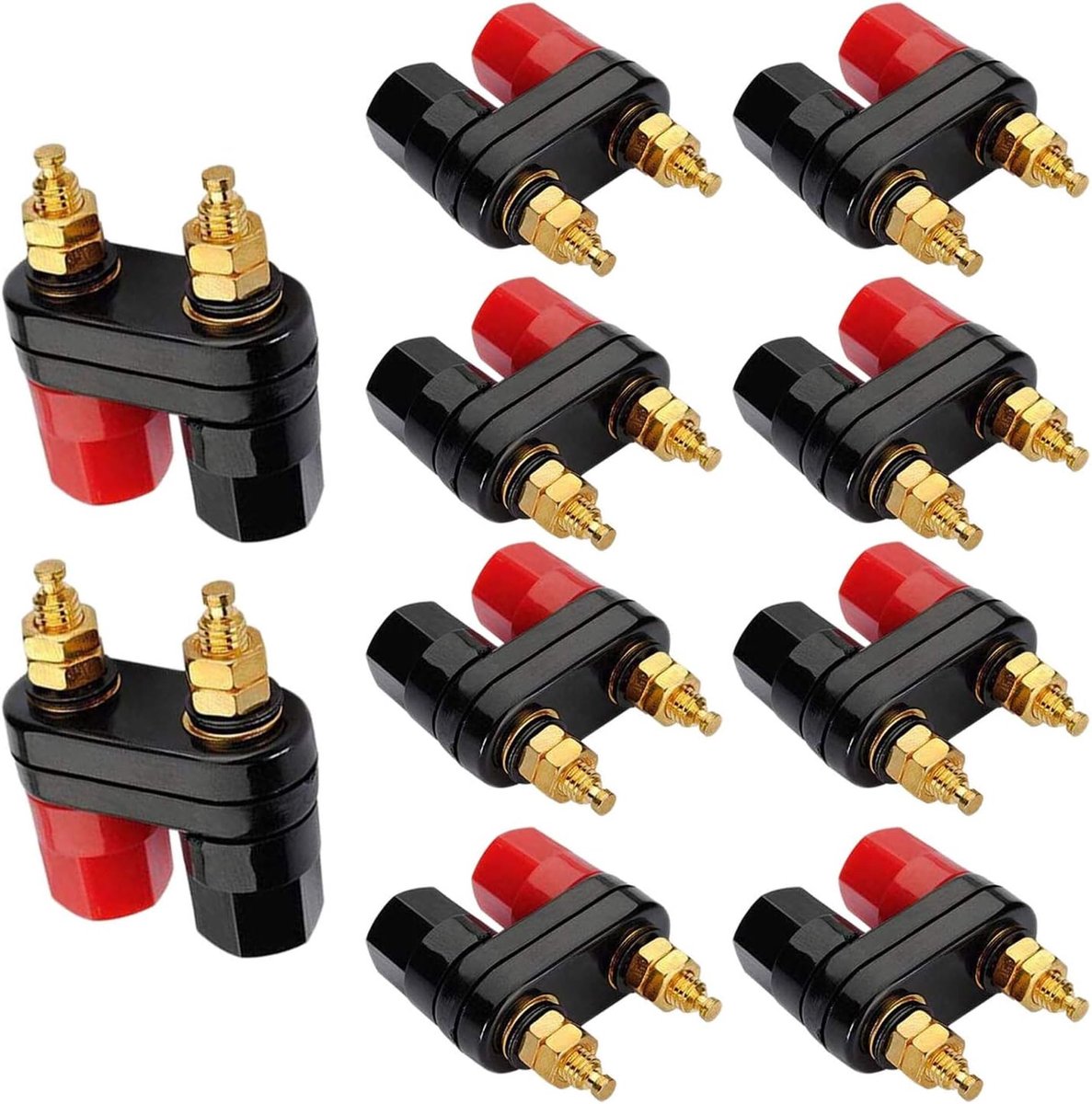 Banana plug 2-weg versterker - 10 paar - zwart en rood - ideaal voor audio apparatuur - ShopVlot