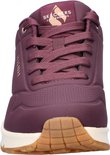 Vooraanzicht van een paarse Skechers sneaker met veters, perforaties en gouden S-logo op de tong.