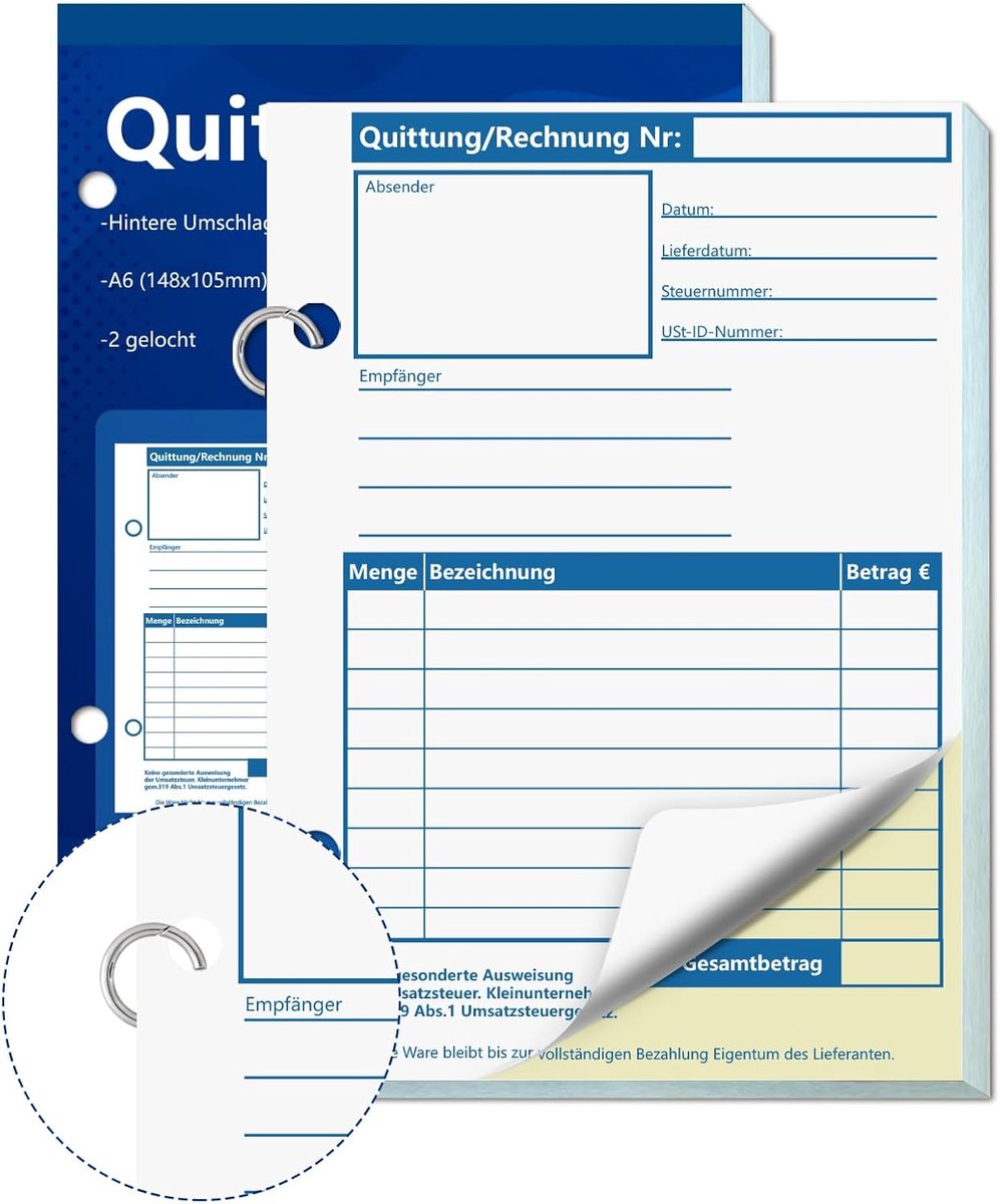 1 piece A6 receipt block, written bill pad, small entrepreneur, 2 x 50 sheets, perforated, for small entrepreneurs - ShopVlot