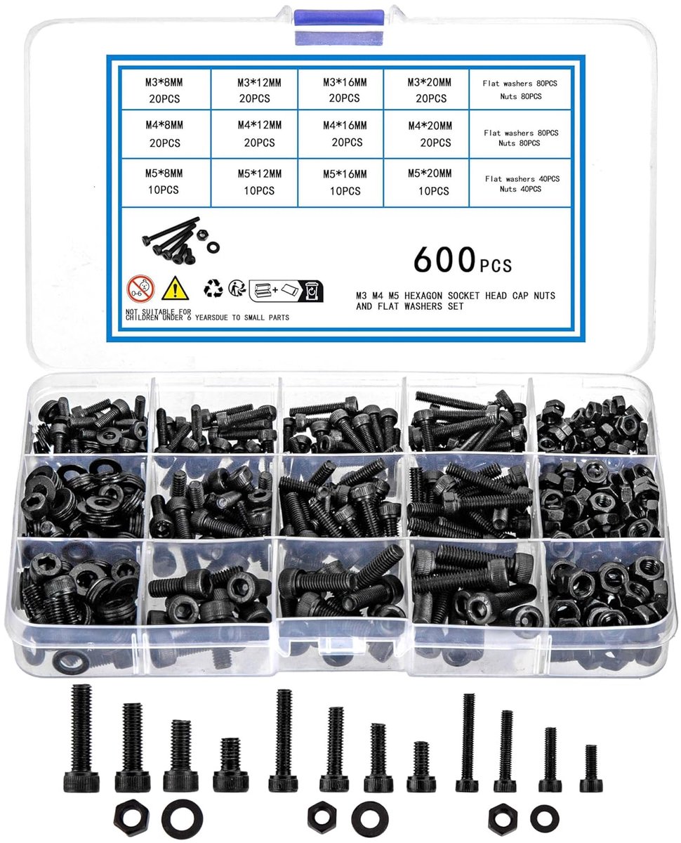 600pcs M3 M4 M5 Cylinder Screws with Hex Socket Screws Nuts and Washers Assortment Kit Thread Screws Assortment Nuts - ShopVlot