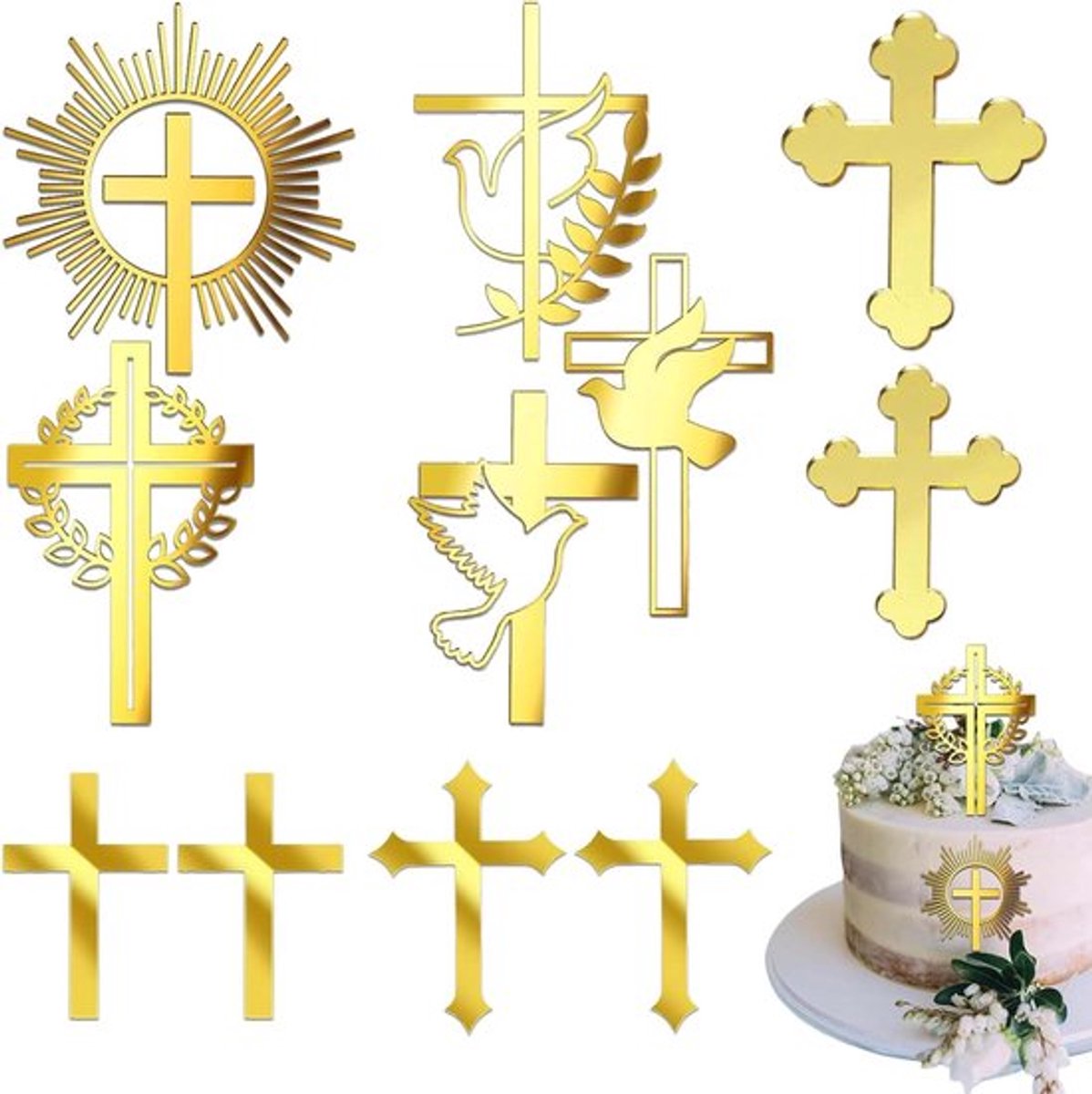 Taartdecoratie - Kruis Taartbevestiging - Dove Gouden Acryl Taartdecoratie - Uitzonderlijke Dove Taarttopper(s) - 11 Stuks Kruis Taarttopper(s) - Communie Decoratie voor Bruiloften - Verjaardagen