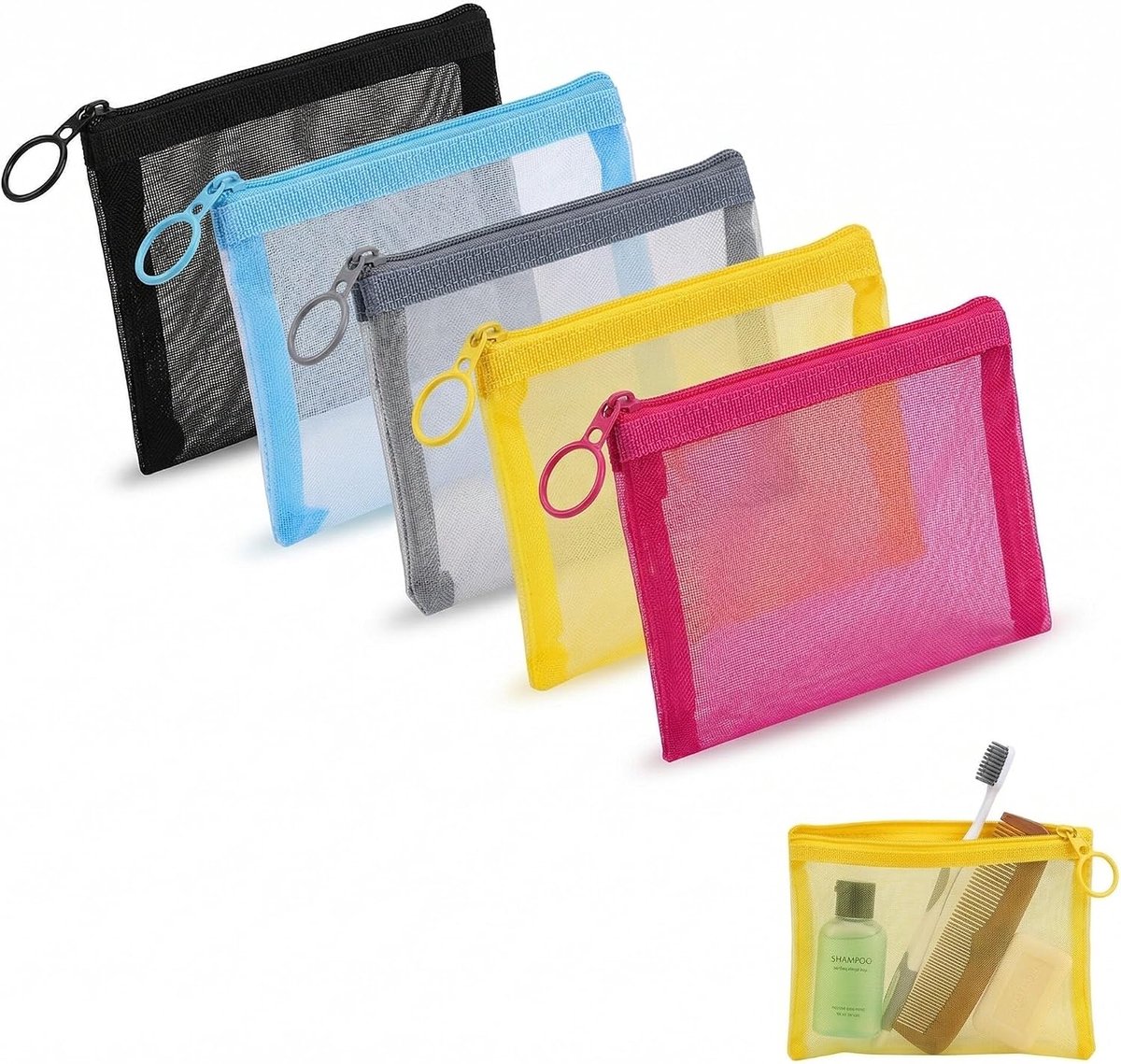 5 Mini Mesh Pockets with Zip, 13 x 10 cm, Nylon Mini Toiletry Bag with Zip, Travel Bag for Small Items, Lipstick - ShopVlot