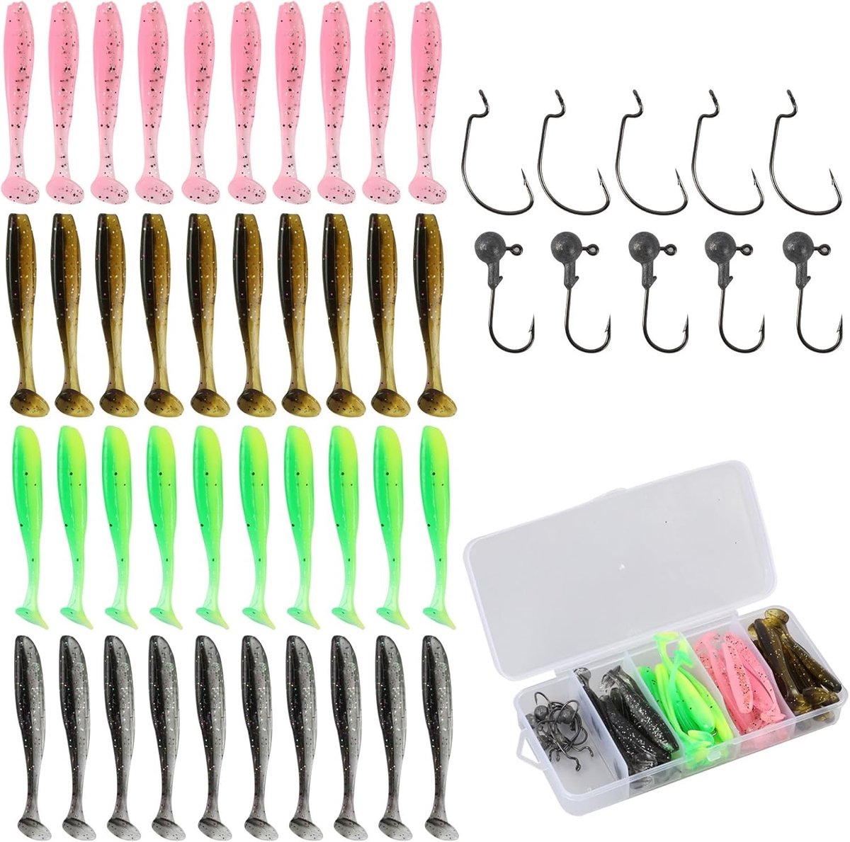 50-delige Vissersdraad Set met Jigkoppen en Rubber Vissen, Wobbler Set voor Zoet en Zout Water, Geschikt voor Snoek, Baars en Forel