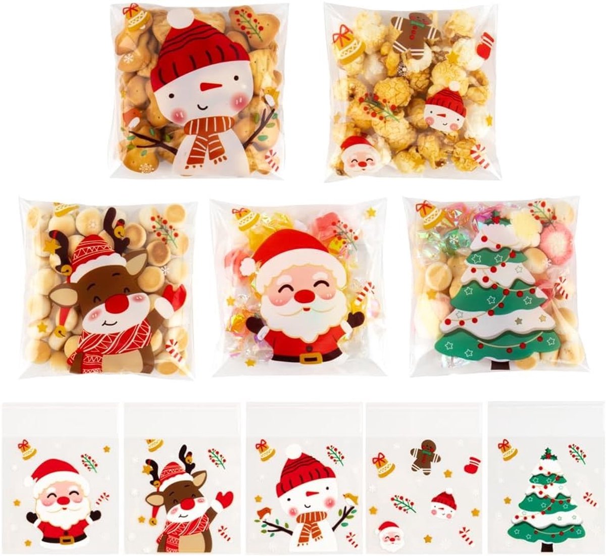 Kerst Cellofaan Zakjes voor Koekjes, Snoep en Cadeaus - 100 Zelfklevende Transparante Zakjes voor Feestdecoratie en Verpakking