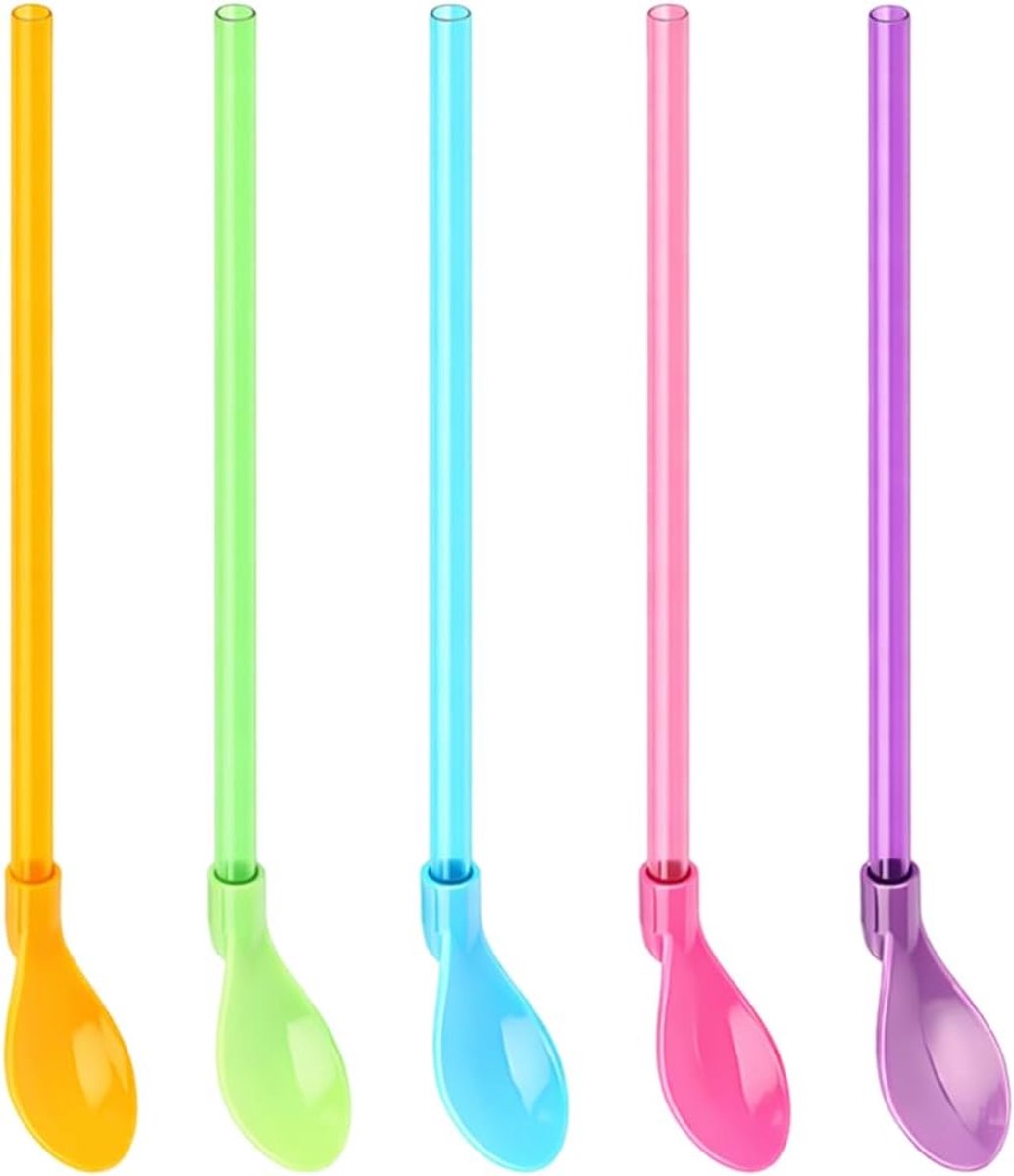 20 Pieces Drinking Straws with Spoon, Reusable, 2-in-1 Spoon Straws, Colourful for Slush Bubble Tea, Milk Shakes - ShopVlot