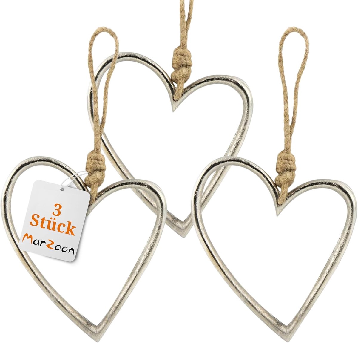 3 x heart shaped metal pendants each approx. 13 x 11 cm, open decorative shape with jute ribbon for spaces, windows or - ShopVlot
