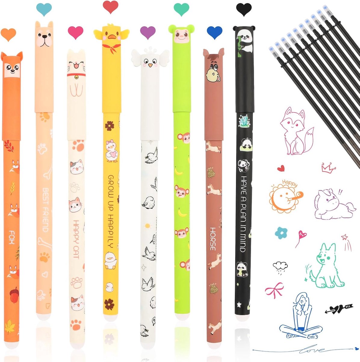 8 kleuren 0,7 mm pennen dieren uitwisbare pen en 10 zwarte potloden 0,5 mm uitwisbare pen vullingen gelpen - ShopVlot