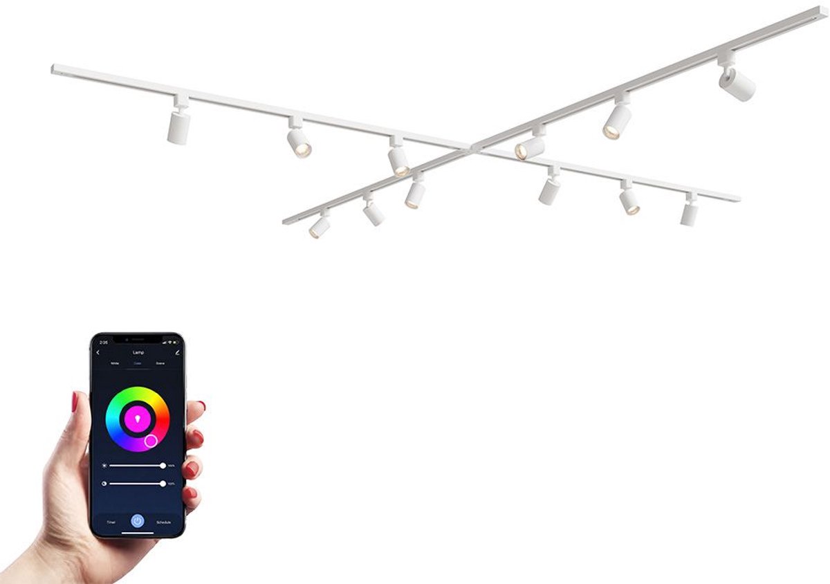 HOFTRONIC railverlichting pakket X-vorm – 4x 1,5 meter rail – 12 dimbare RGBWW GU10 railspots – modulair – aluminium wit – IP20 – 230V – smart track lights woonkamer keuken
