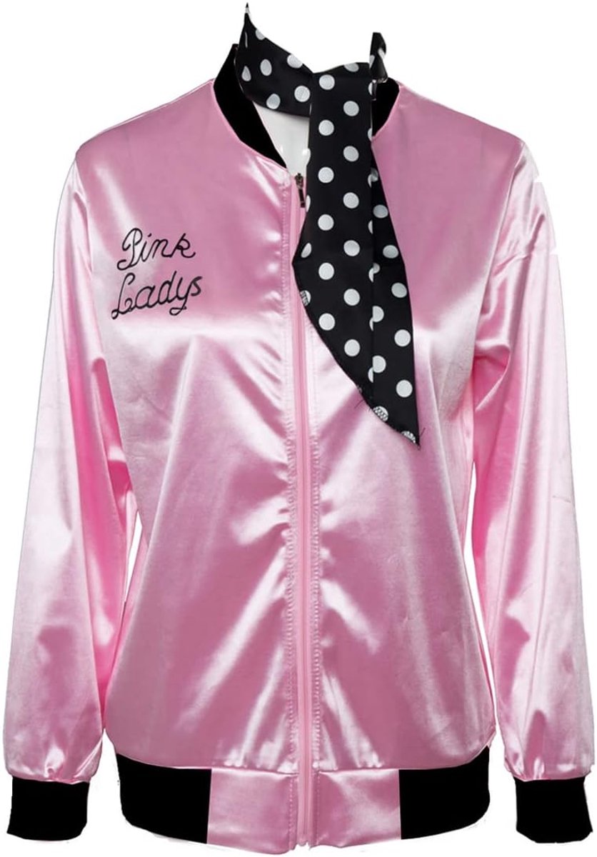 Women Costume 50s Sand Pink Satin Coat with Neck Scarf Halloween Costume Fancy Set, XL - ShopVlot