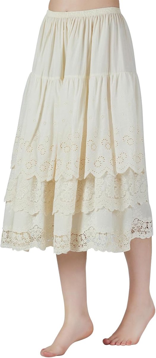 BEAUTELICATE Underskirt Women 100% Cotton Petticote Skirt Extender with 3 Layers Ruffles Lace Embroidery Elastic Waist - ShopVlot