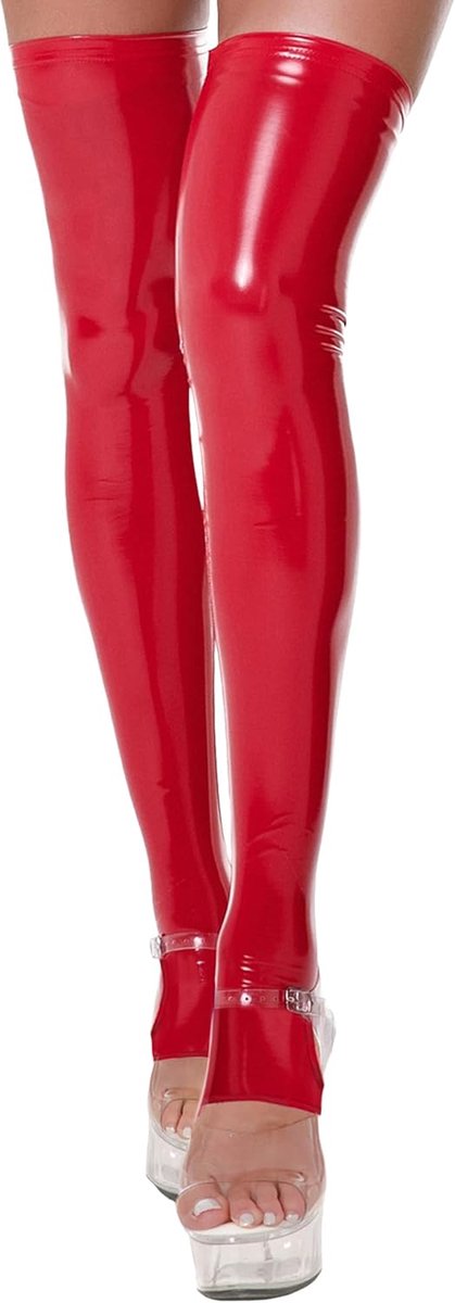 FEOYA Ladies Stockholder Leather Overknees Leather Socks Thigh Pants Wetlook Tights Latex Stocking Without Toes S Red - ShopVlot