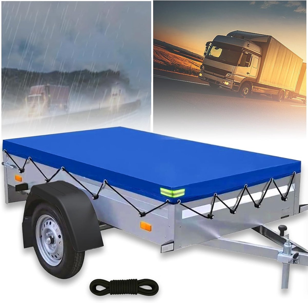 Trailer Tarpaulin, 214 x 122 x 13 cm, 600D PVC, Material Tarpaulin, Trailer with Sailing Rope, Reflective Stripes - ShopVlot
