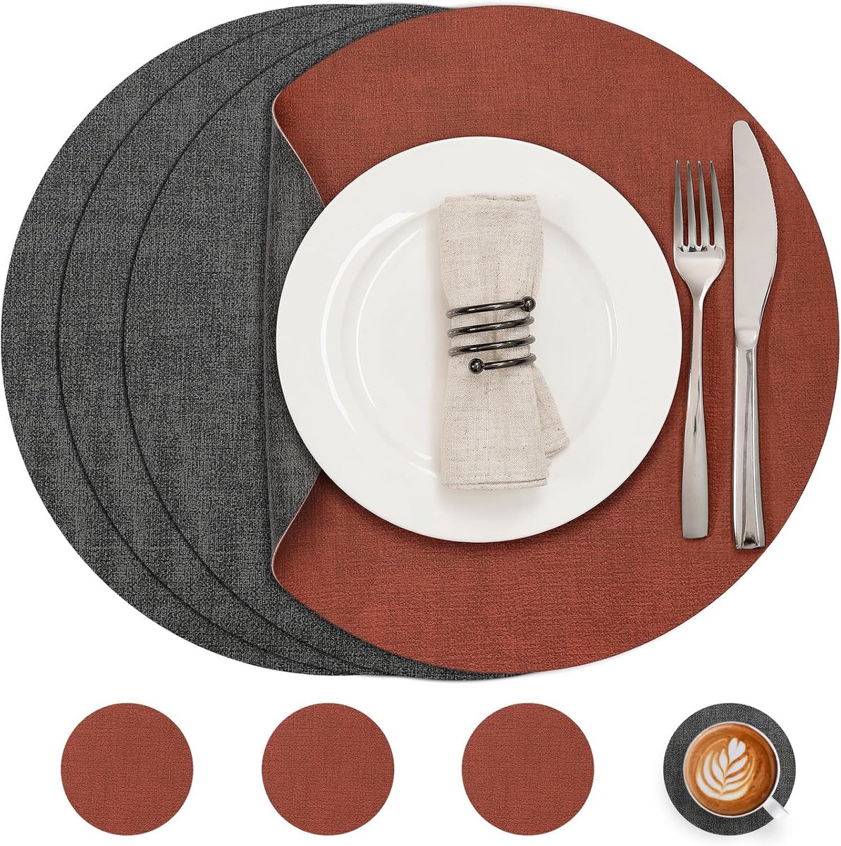 Myir JUN Leather Placemat Round and Coasters,Table Mats Waterproof Wipeable Double Sided Place Mats Coffee Mats - ShopVlot